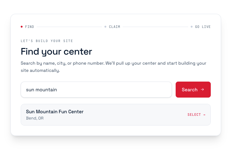 Searching for a center by name and selecting it from the results