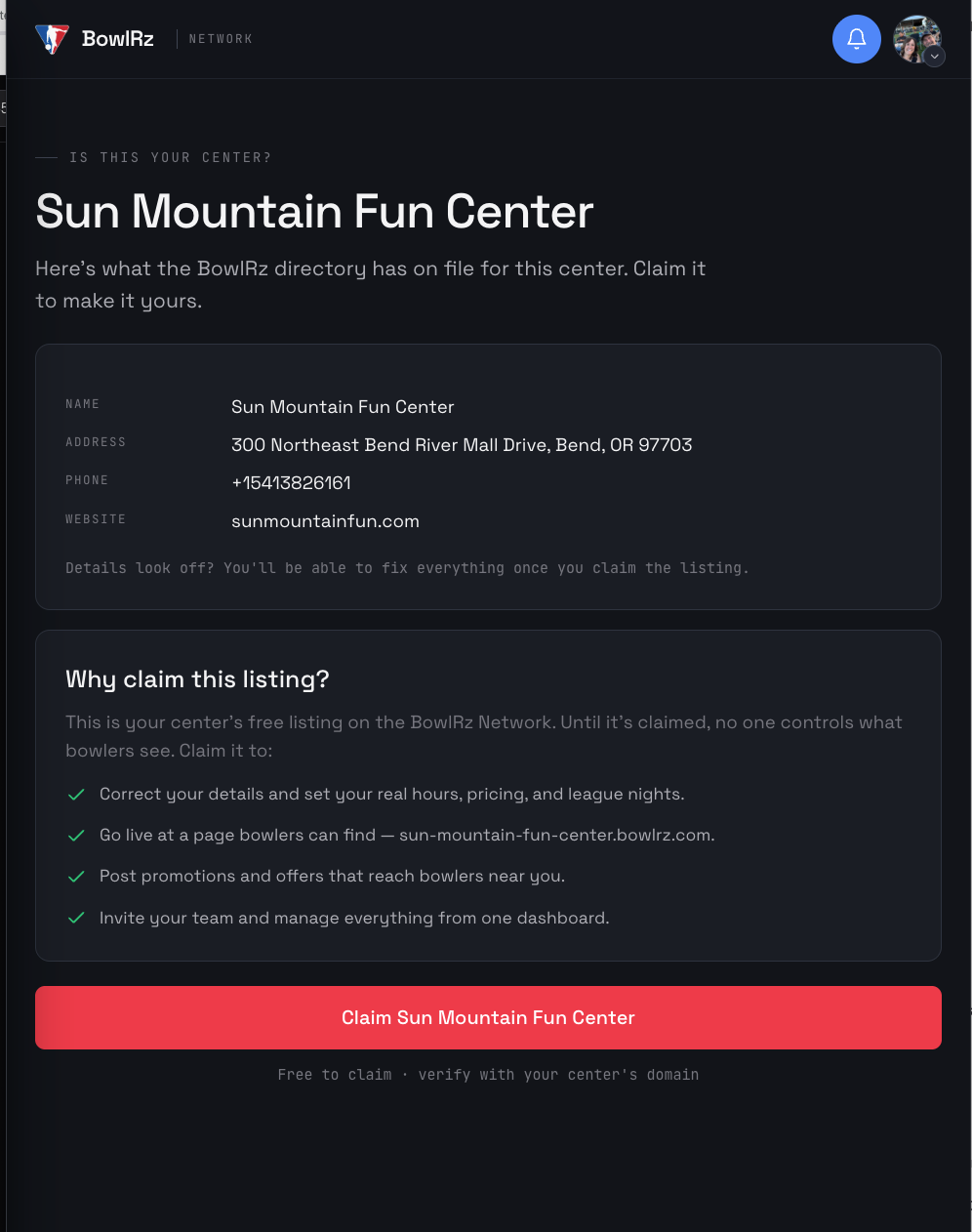 The center listing summary with a button to claim it