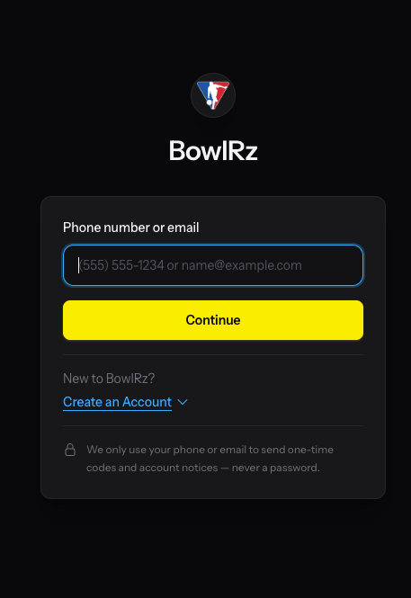 The BowlRz sign-in screen asking for a phone number or email