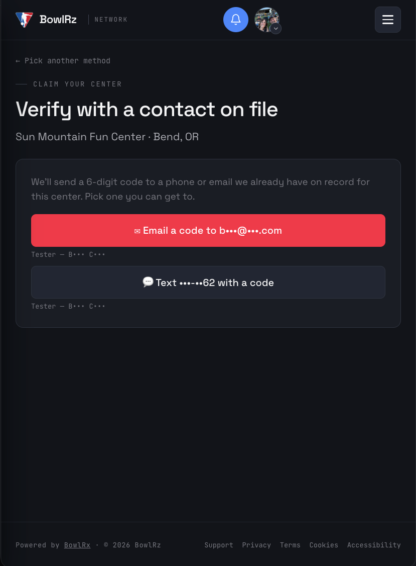 Choosing to verify with a phone or email already on file for the center