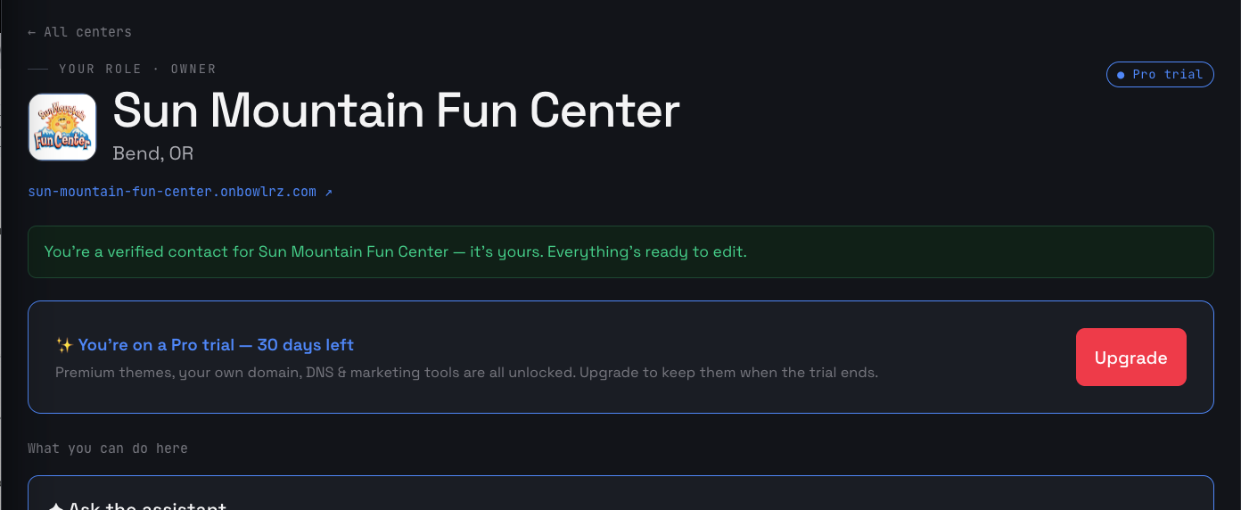 The owner dashboard confirming the center is verified with a Pro trial started